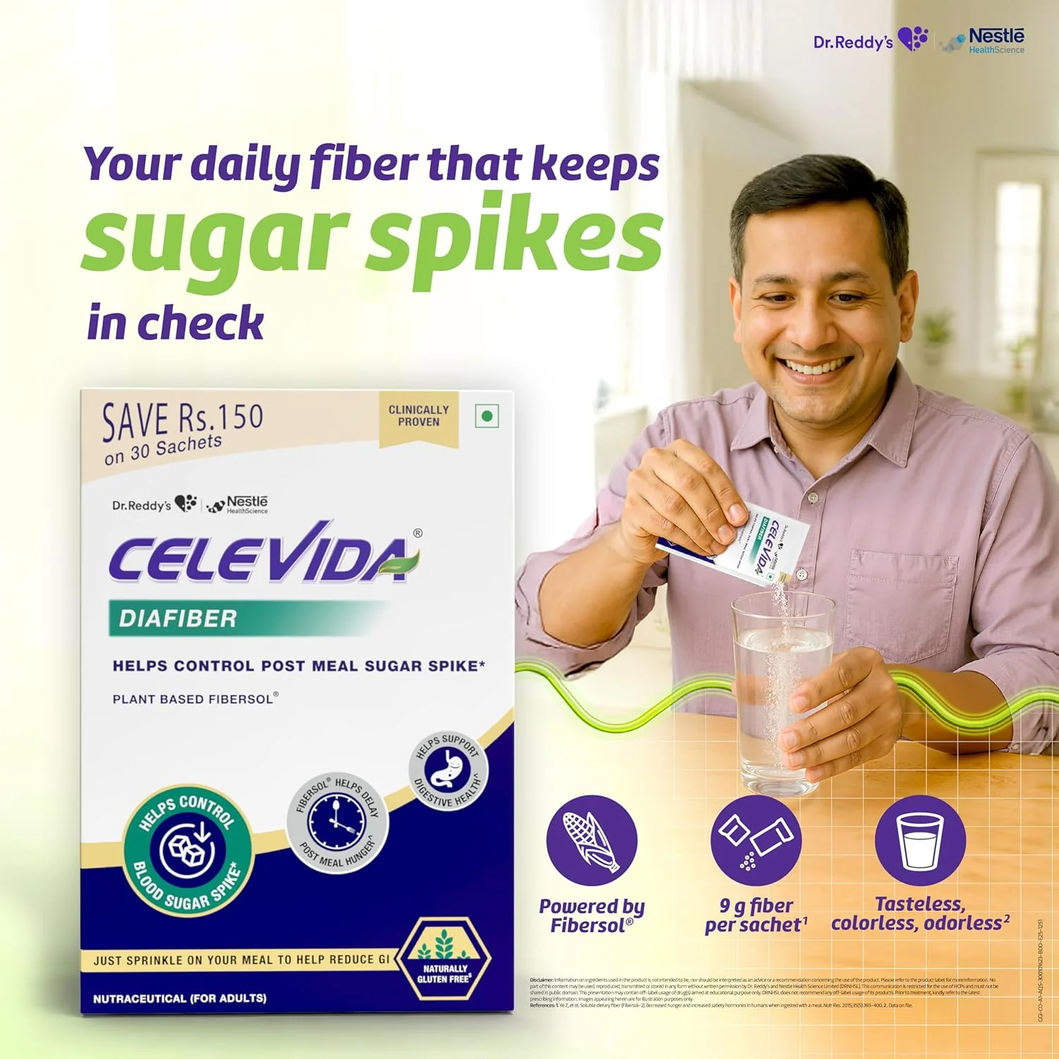 Celevida Diafiber Diabetes Care Product| 100% Plant Based Fibersol® Helps Control Post Meal Sugar Spike|Helps delay post meal hunger 360g (Pack of 30 Sachets) - Image 4