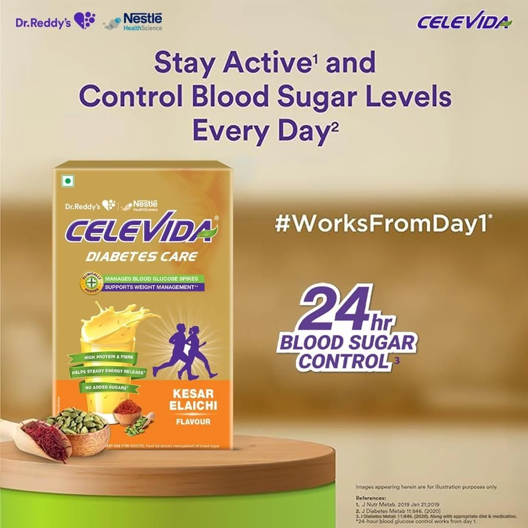Celevida Protein Powder Drink for Diabetes Management by Dr. Reddy | Kesar Elaichi Flavour | No Added sugar | Plant based | For Sugar control Weight Management & Immunity Support | 400gm BIB - Image 3