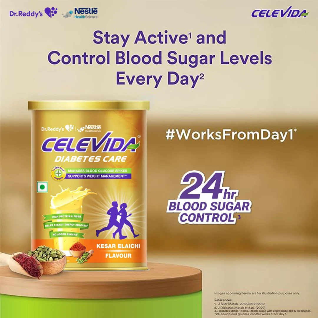 Celevida Protein Powder Drink for Diabetes Management by Dr. Reddy  | Kesar Elaichi Flavour | No Added sugar | Plant based | For Sugar control  Weight Management & Immunity Support | 400gm Tin Pack - Image 3