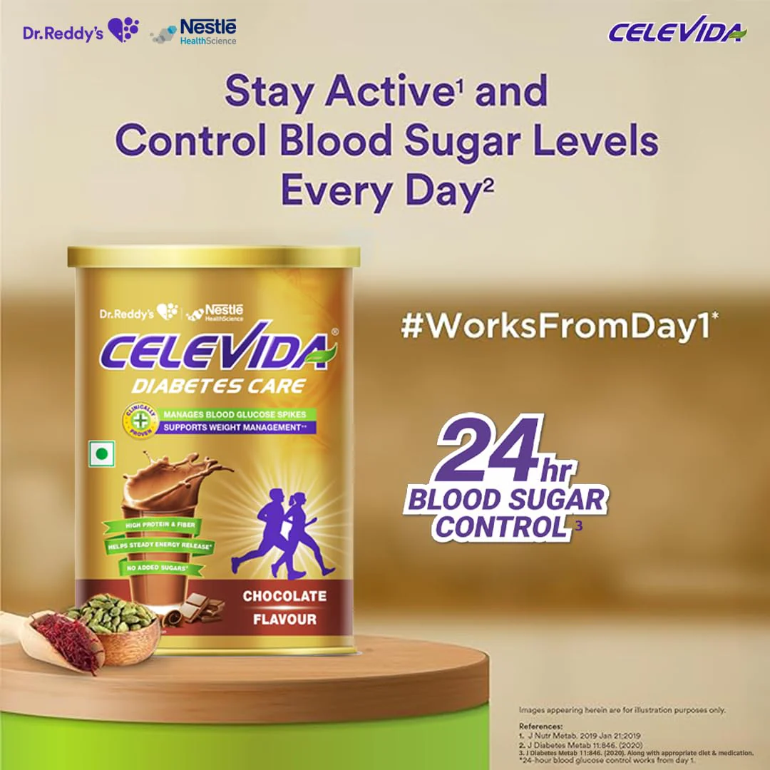 Celevida Protein Powder Drink for Diabetes Management by Dr. Reddy  | Chocolate Flavour | No Added sugar | Plant based | For Sugar control  Weight Management & Immunity Support | 400gm Tin Pack - Image 3