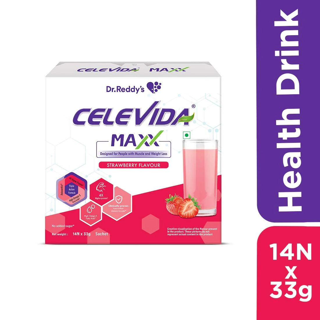 Celevida Maxx- Strawberry flavour- 33 gms Sachets of 14 such ( BIB ) - Image 2