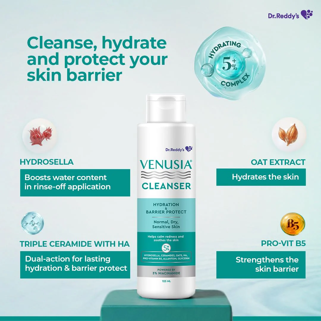 Venusia Hydrating & Barrier Protect Cleanser | With Ceramides, Hyaluronic Acid, Niacinamide, Pro-Vitamin B5 | For Normal, Dry, and Sensitive Skin | PAMAS free | Skin-friendly Ph | 125 ml | From the House of No.1 Dermatologist Recommended Moisturiser - Image 4