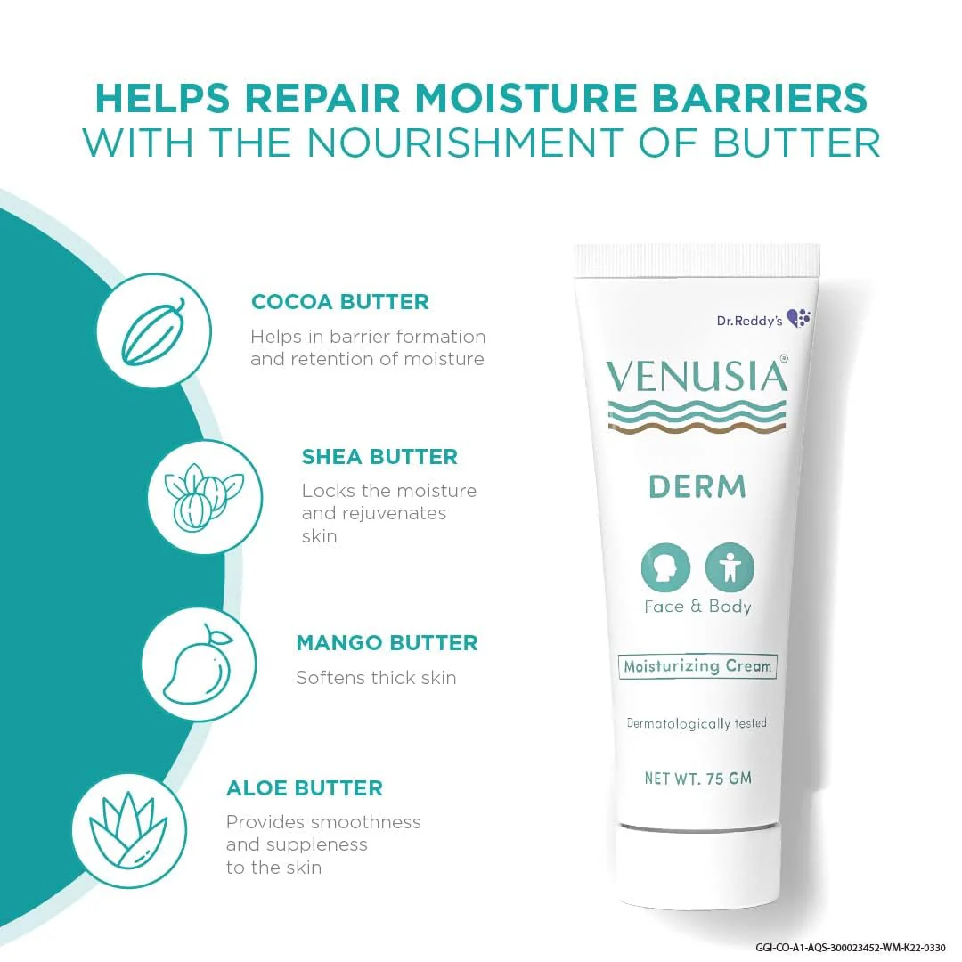 Dr. Reddy's Venusia Derm Moisturizing Cream | Enriched with 4 natural butters| Clinically Proven to hydrate & soften dry-skin conditions | For Face & Body |No.1 Dermatologist Recommended Brand | Normal to Dry Skin | Non-irritant & Hypoallergenic | 75 g - Image 3