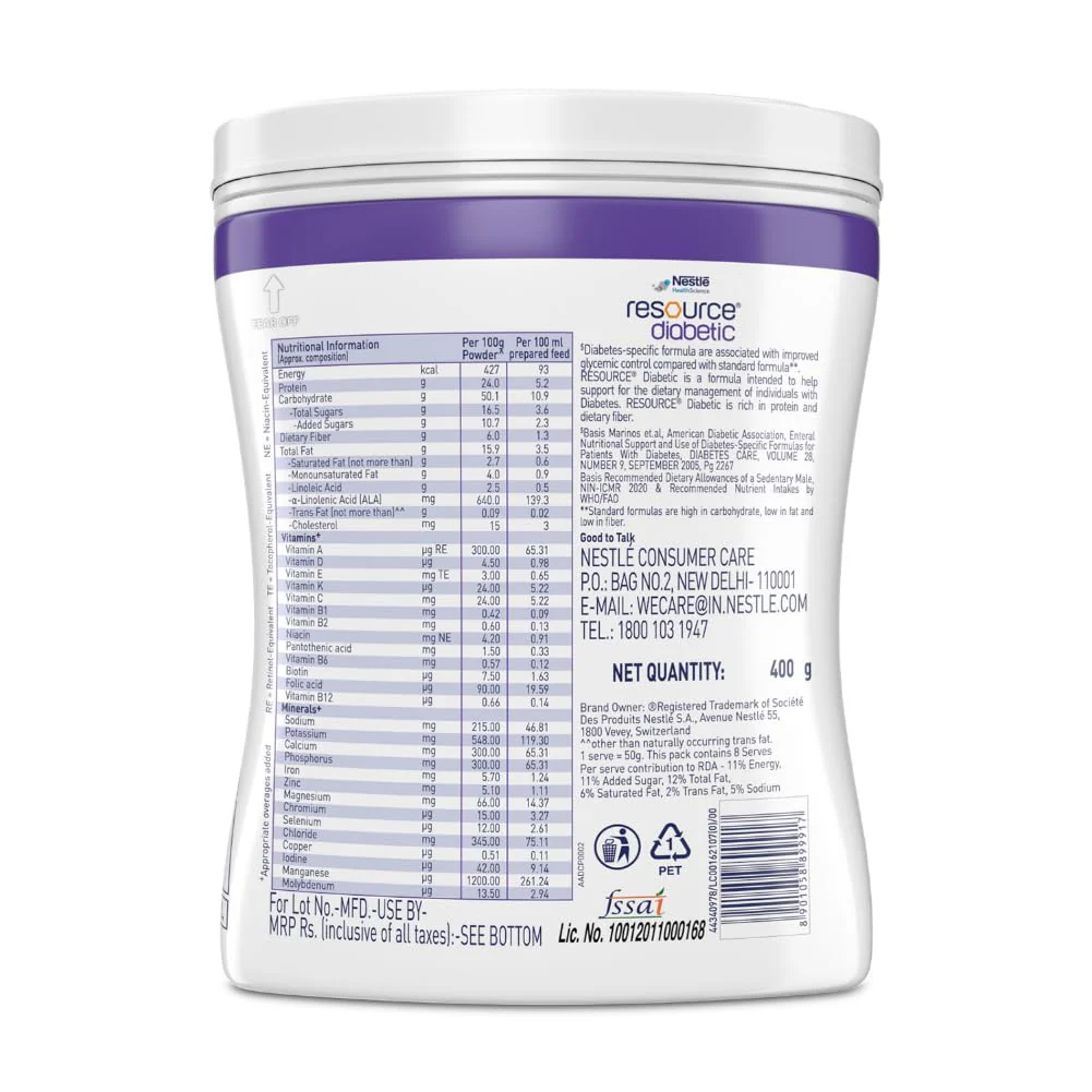 RESOURCE Diabetic Adult Nutrition For Diabetic Patients Low Gi Formula Vanilla Flavoured Protein Powder 400g Pet Jar - Image 3