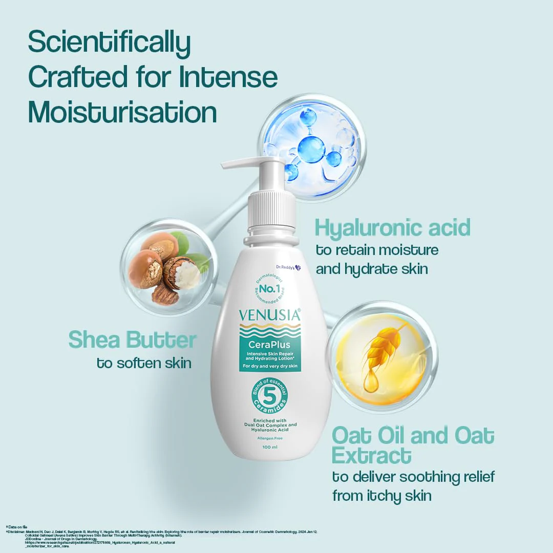 Venusia Ceraplus Lotion for Dry Skin 5 Essential Ceramides for Deep moisturization barrier repair I With Oat oil oat extract Hyaluronic Acid I Fragrance free body lotion I100ml - Image 4