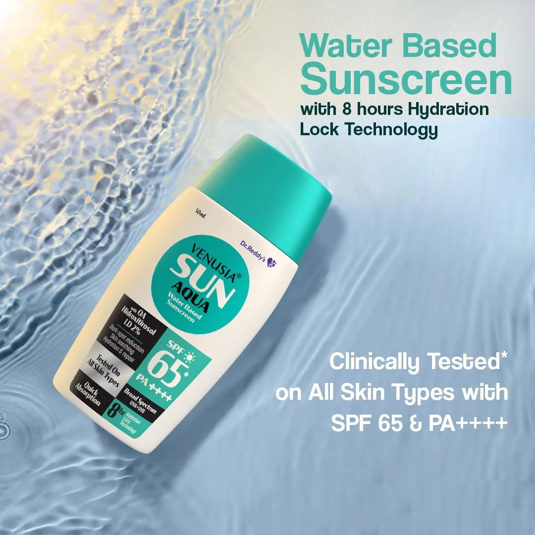 Venusia Water based sunscreen I SPF 65 I 8hrs hydration lock I UVA  UVB protection I Ultra light for Oily and acne skin I No white cast I 50 g Pack of 1 - Image 3