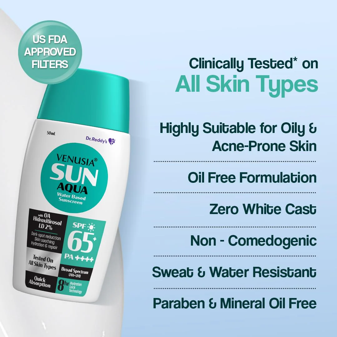 Venusia Water based sunscreen I SPF 65 I 8hrs hydration lock I UVA  UVB protection I Ultra light for Oily and acne skin I No white cast I 50 g Pack of 1 - Image 6