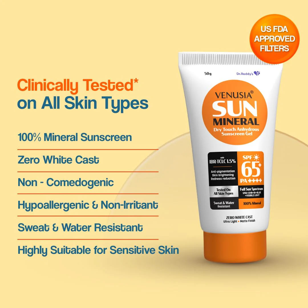 Venusia Mineral sunscreen SPF65I Full spectrum protection I UVA UVB Blue light protect I with Anti-oxidant I Sweat & water resistant I No white cast I clinically tested for all skin types I 50 g Pack of 1 - Image 6