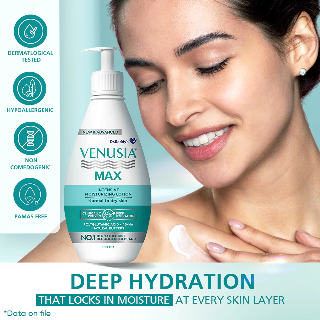 Dr. Reddy's Venusia Max Moisturizing Lotion for Daily Use for Dry Skin, Contains Shea, Mango, Aloe & Cocoa Butter, Paraben Free & Non Irritant Formula, Dermat Recommended, 500 GM - Image 6