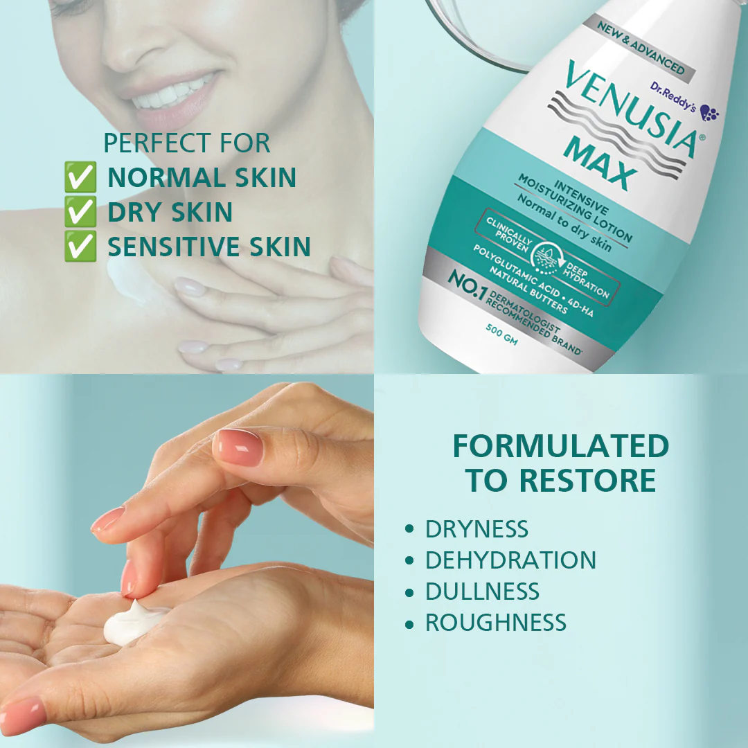 Dr. Reddy's Venusia Max Moisturizing Lotion for Daily Use for Dry Skin, Contains Shea, Mango, Aloe & Cocoa Butter, Paraben Free & Non Irritant Formula, Dermat Recommended, 500 GM - Image 8