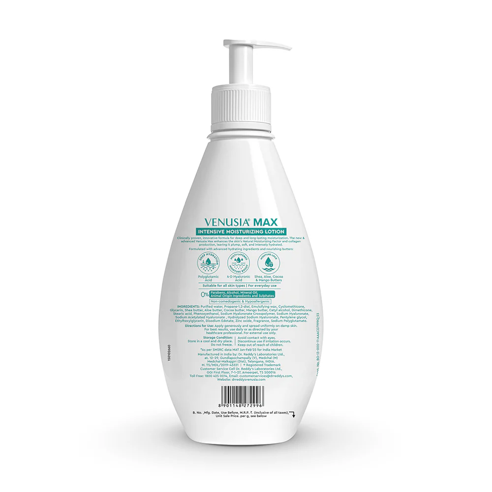 Dr. Reddy's Venusia Max Moisturizing Lotion for Daily Use for Dry Skin, Contains Shea, Mango, Aloe & Cocoa Butter, Paraben Free & Non Irritant Formula, Dermat Recommended, 500 GM - Image 9