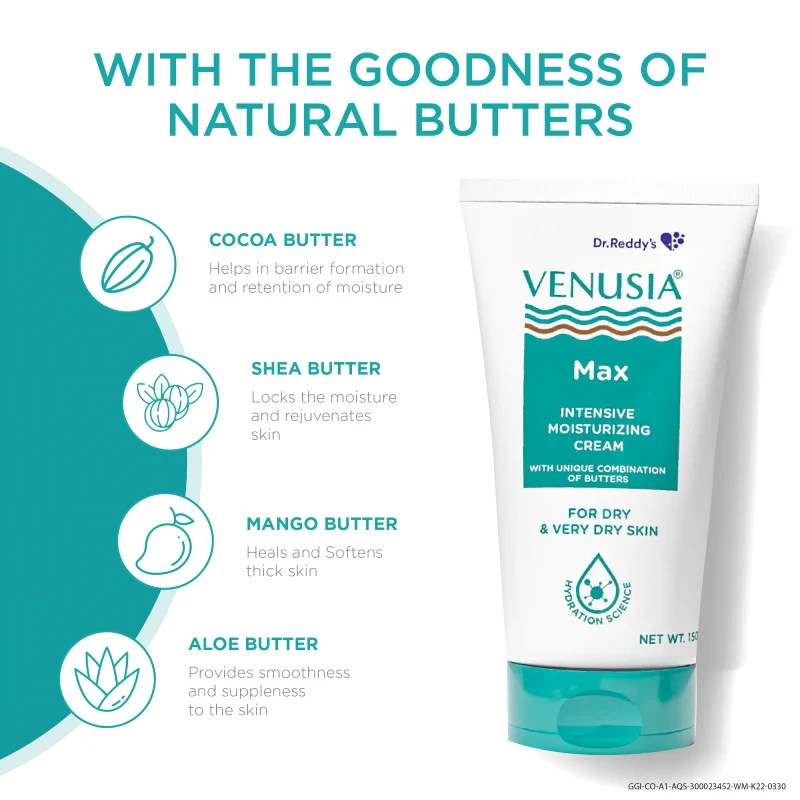 Dr. Reddy's Venusia Max Intensive Moisturizing Cream For Dry Skin To Very Dry Skin, Contains Shea, Mango, Aloe & Cocoa Butter, Paraben Free & Non Irritant formula, Dermat Recommended I 150g - Image 6